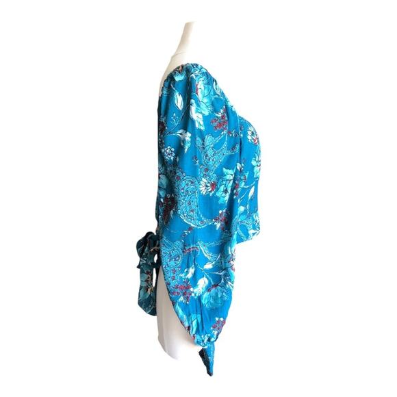 Band Of The Free NWT Sybille Flirty V Neck Wrap Front Teal Floral Crop Top Small - Picture 6 of 16